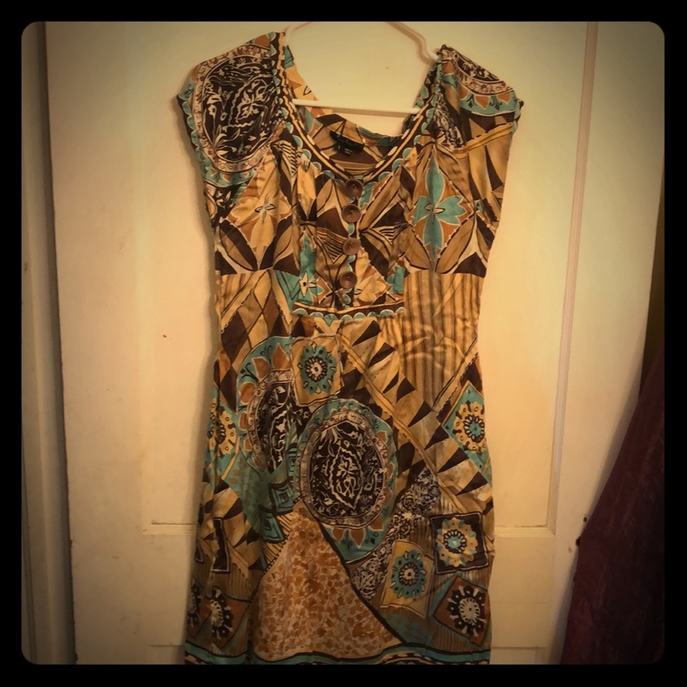 ECI NY turquoise, brown LARGE dress